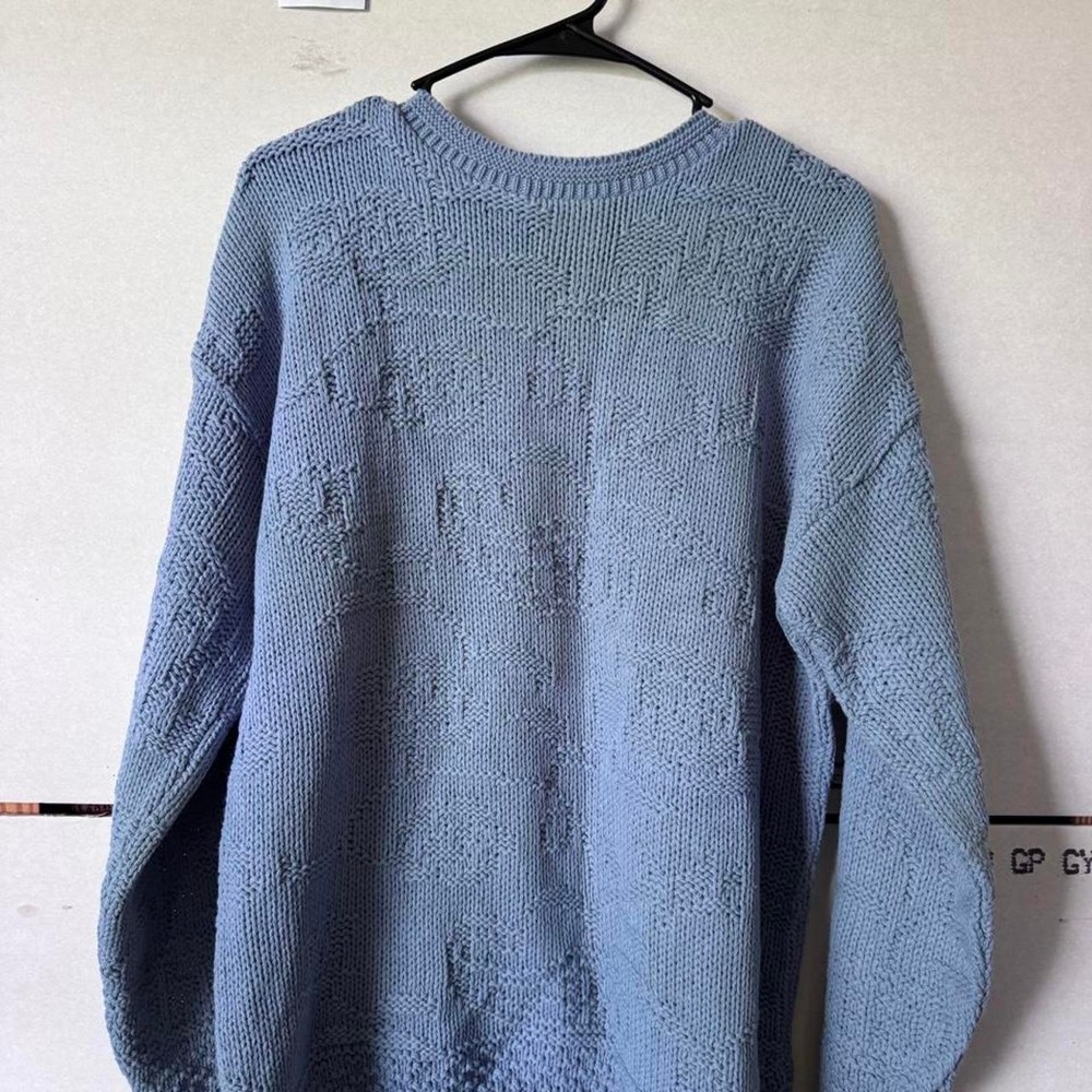 Bobbie Brooks blue knit sweater with textured diamond pattern
